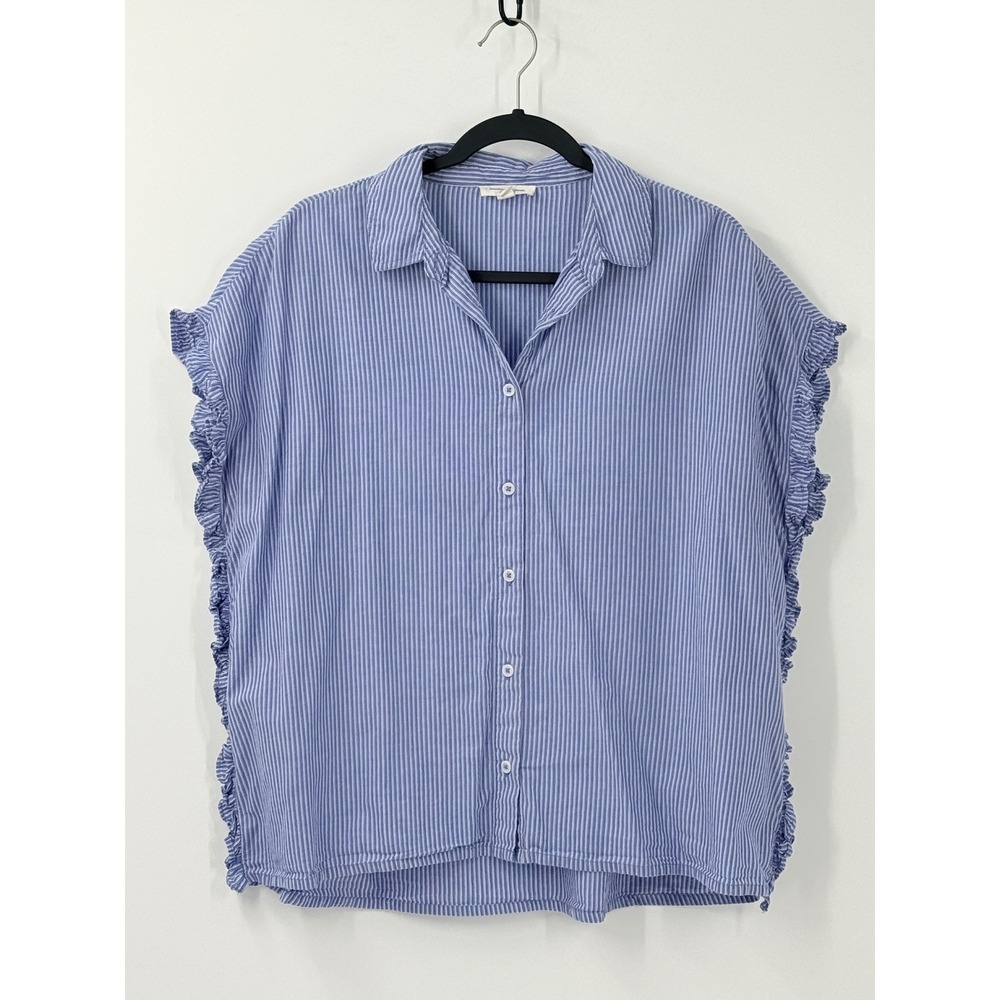 Beachlunchlounge Blue Striped Ruffle Button Down Shirt Womens sz L Beach preppy